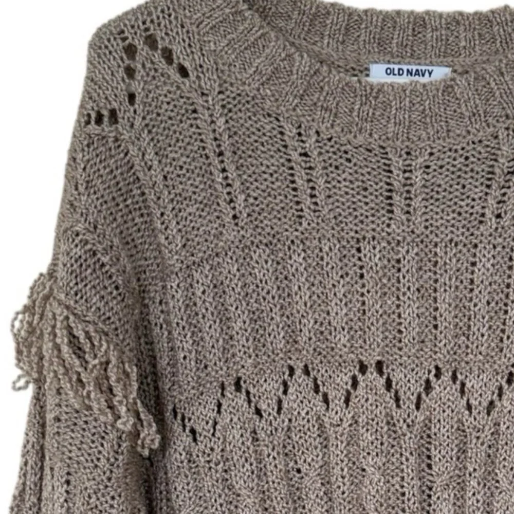 Old Navy Women Textured Fringe Sweater Size M Tan Relaxed Fit Boho Chic Festival